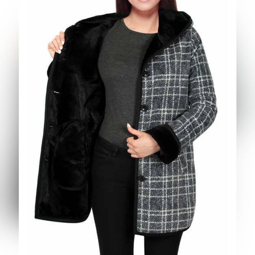 Ike Behar Womens Plush Lined Hooded Jacket, Charcoal Plaid, Small, EUC